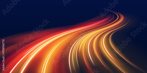 Curved light waves flow across a dark abstract backdrop, forming loops of speed and energy. Motion blur intensifies movement. Ideal for modern vector art.