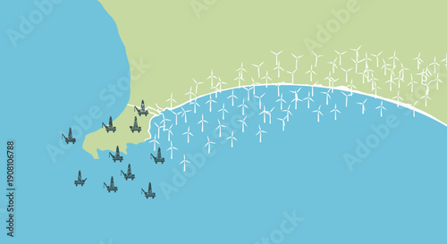 Renewable energy concept with wind turbines and oil rigs