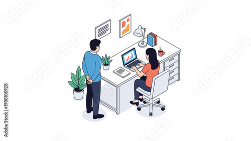Office workers collaborating at a desk with a laptop monitor potted plants and files in a clean modern isometric illustration style.