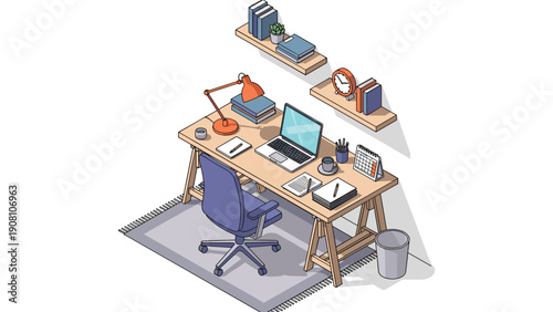 Cozy and organized home office setup with a wooden desk ergonomic chair laptop lamp and wall shelves on a decorative area rug.