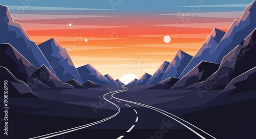 Serene Road Curving Through Majestic Mountain Peaks Under Vibrant Sunset Sky
