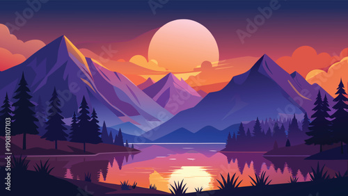 A vibrant digital illustration depicts a serene mountainous landscape at sunset with a reflective lake