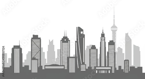 Stylized Gray Urban City Skyline with Diverse Architectural Buildings in Modern Designs