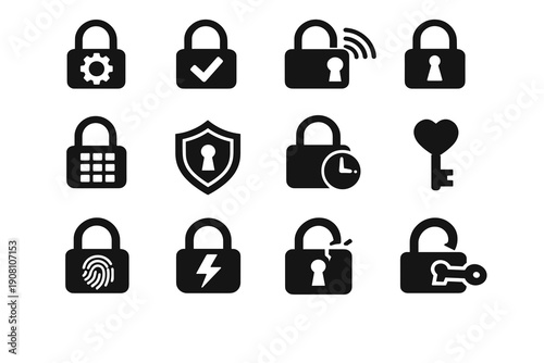 Black security lock icon set with padlocks, password keyhole, wifi lock, keypad, shield, fingerprint access, timed lock, broken lock and heart key, privacy symbols.