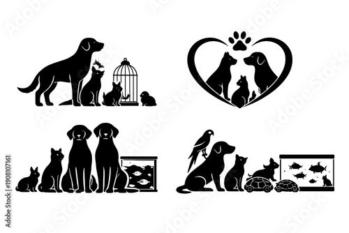 Black pet silhouette scenes with dog, cats, rabbit and bird near cage, plus fish tank and turtles. Concept of friendly multi‑pet family, home harmony and companionship. Pet services theme.