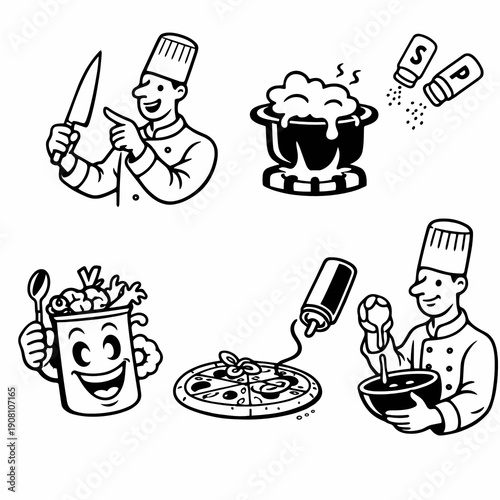 Outline chef character set with knife skills, pizza slice, steaming pot, seasoning and smiling mascot. Black line vector for cooking class, recipes, pizzeria, catering and kitchen service.