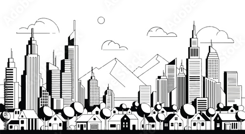 Modern Line-Art Urban Skyline Featuring Skyscrapers, Diverse Buildings, Clouds, and a Sun or Moon on a Clean Background