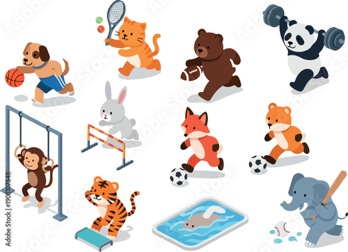 Various wild and domestic animals engaging in different sports activities on a white background from a straightforward viewpoint