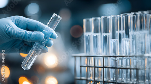 Laboratory medical research scene with gloved hand holding test tube near glassware clinical analysis diagnostics science workflow sterile environment and professional healthcare testing