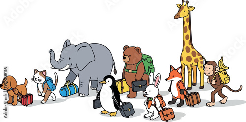 Various wild animals and domestic pets gathered together in a lively scene illustration