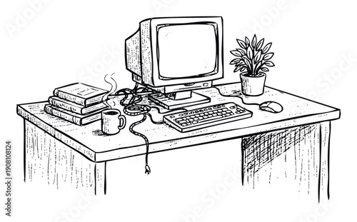 Detailed black and white sketch of a study desk with an old computer, keyboard, mouse, stacked books, steaming coffee, and potted plant, ideal for education, technology nostalgia, or home