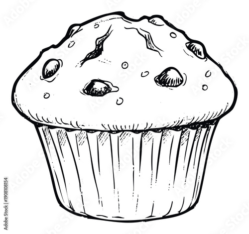 Hand drawn delicious muffin with chocolate chips in a paper wrapper, perfect for food blogs, recipe books, menus, restaurant promotions, or sweet treat advertisements.