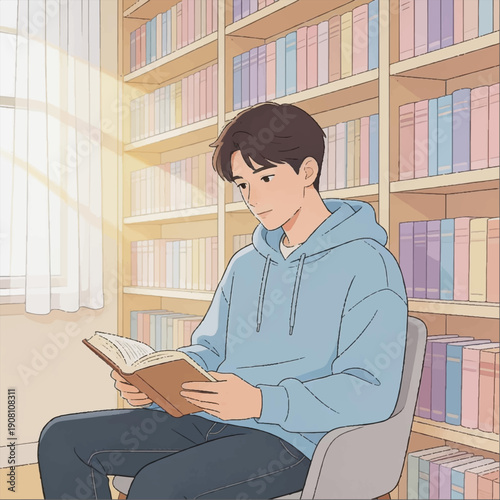A vector flat illustration of a cartoon-style guy reading a book in a library.