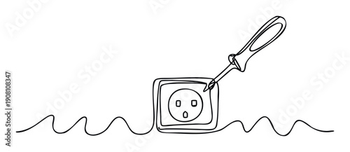 Minimalist one line drawing of an electrical outlet and a screwdriver, symbolizing repair, installation, or electrical work concepts for various technical and DIY applications.