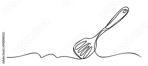 Continuous line drawing of a kitchen spatula utensil creating an elegant minimal cooking or restaurant equipment visual for culinary themed promotions