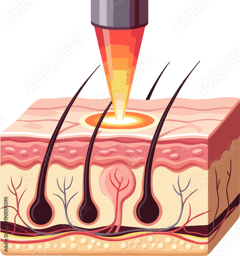 Create a realistic Cosmetic Laser Beam Treatment on Skin Layer Background, 3D Illustration vector art with white background.