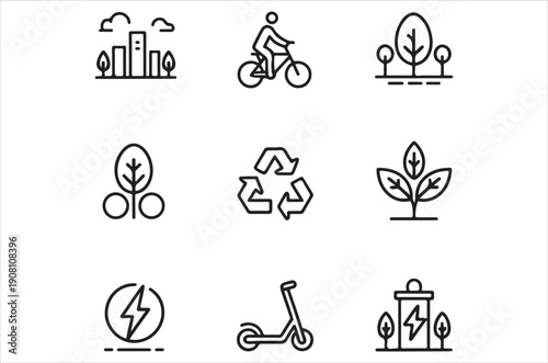 Set of black and white line icons representing sustainability and urban life