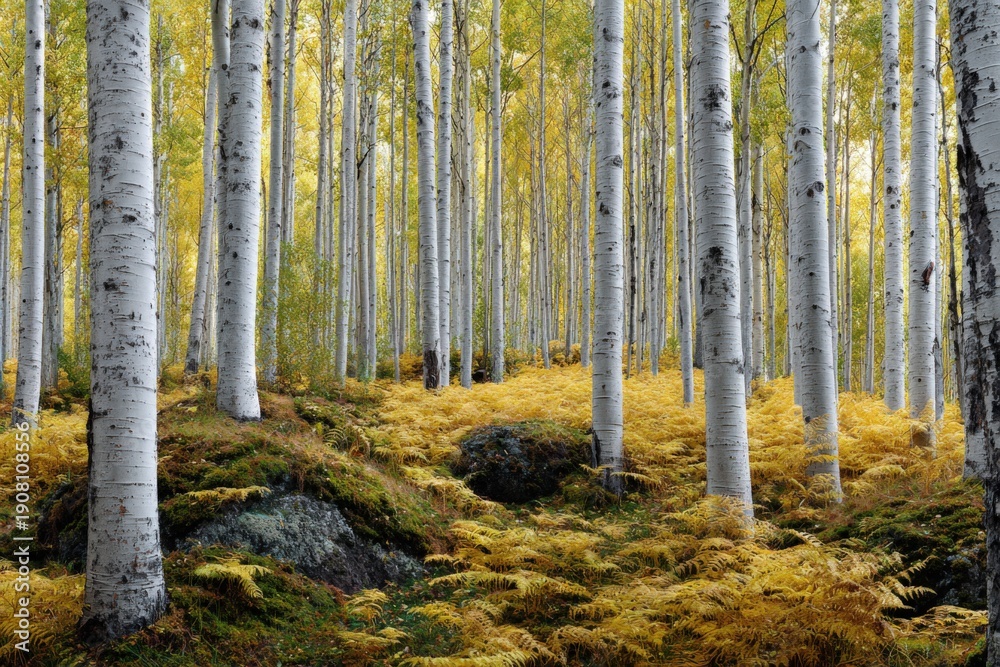 Obraz premium Serene autumn birch forest with vibrant yellow ferns