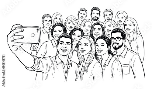 A joyful group of diverse young adults smiling while capturing a memorable moment together with a smartphone selfie, perfect for social media and digital lifestyle themes