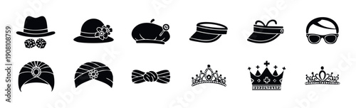 A comprehensive collection of diverse headwear and accessory icons, including various hats, turbans, bow ties, and crowns, perfect for graphic design projects, costume inspiration, or