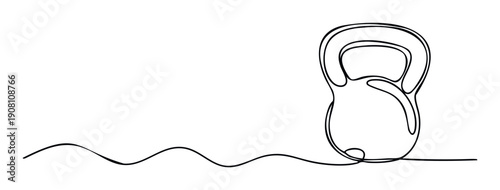 Dynamic continuous line art depicting a classic kettlebell, symbolizing robust training and healthy activity, ideal for modern health promotions and athletic club marketing materials