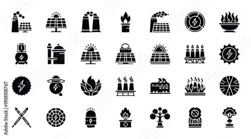 Comprehensive collection of energy production and sustainable power generation icons perfect for illustrating industrial processes and environmental impact for various media projects.