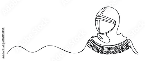 Elegant continuous line drawing depicting a medieval knight helmet with intricate chainmail collar, ideal for historical themed graphics, educational materials, and unique decorative emblems