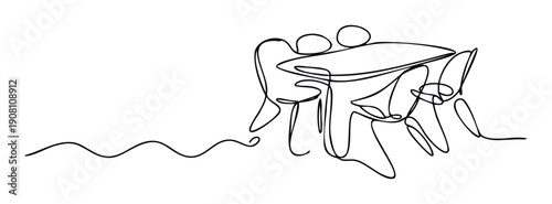 Abstract one line drawing depicting friends or colleagues engaging in discussion at a simple table, suitable for illustrating teamwork, community, and shared moments.