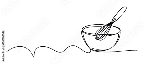 A sleek single continuous line drawing illustrates a kitchen whisk placed within a mixing bowl, ideal for culinary blogs, restaurant menus, cooking tutorials, and foodrelated branding.