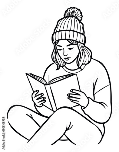 Young woman wearing a beanie and cozy sweater sitting comfortably while reading a book, perfect for educational materials, cozy lifestyle blogs, or digital media content.