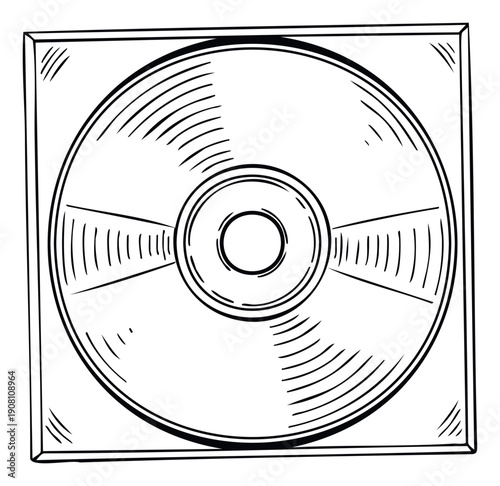 Black and white line drawing of a compact disc in a square jewel case, perfect for illustrating vintage technology, music archives, or data storage solutions in various multimedia projects