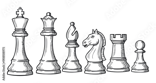Complete set of classic chess pieces in a detailed handdrawn style, perfect for game development, educational materials, or strategic themed graphic projects.