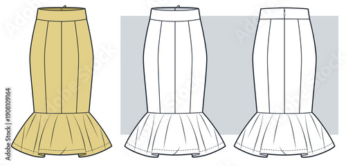 Women Mermaid Skirt Technical Flat Sketch. High Waist Fishtail Pencil Midi Skirt Fashion Flan Technical Drawing Template, back zipper, front and back view, white, yellow color, women CAD mockup.