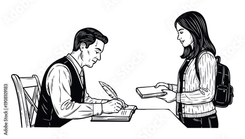 Man with a quill pen records in a book as a young woman presents a textbook, symbolizing education, knowledge, and scholarly exchange for academic and literary projects.