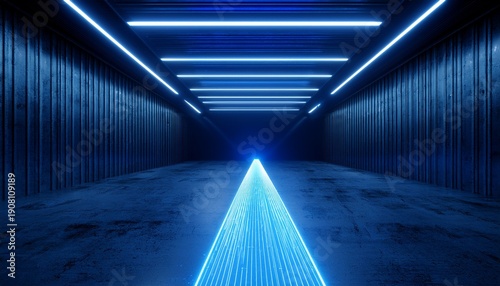 large laser blue dark night warehouse tunnel corridor concrete garage grunge sci fi futuristic underground showcase parking empty 3d rendering
