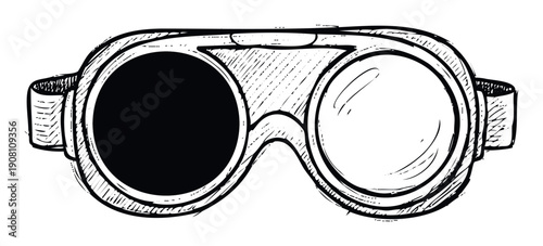 A black and white ink drawing of vintage welding goggles featuring one dark lens and one clear lens, excellent for depicting industrial safety equipment or workshop tools.