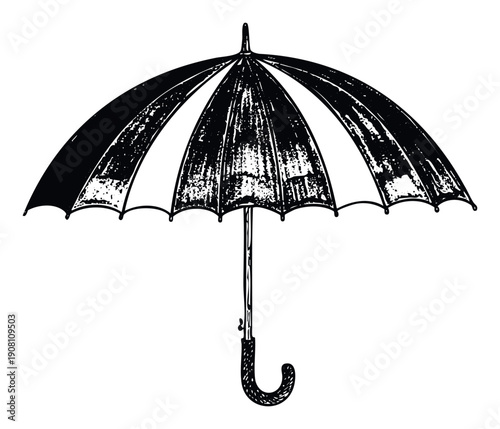 Classic hand drawn umbrella with distressed black and white stripes providing a rustic and weathered look perfect for weatherrelated announcements or vintage themed marketing campaigns