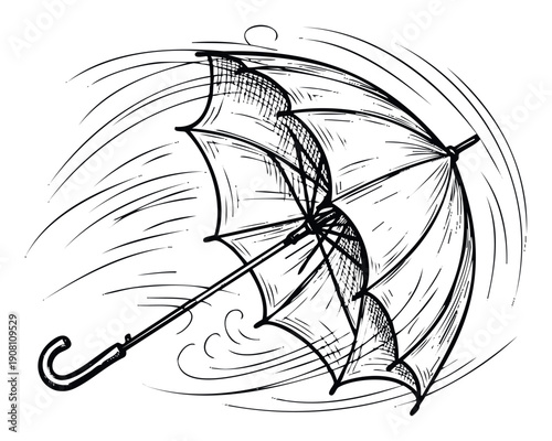 Dynamic sketch of an umbrella struggling against a powerful gust of wind, perfect for conveying themes of resilience or unpredictable weather conditions in publications