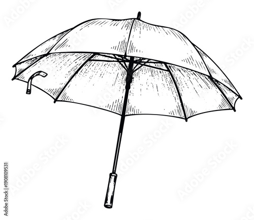 A classic hand drawn sketch of an open umbrella, perfect for weather forecasts, rainy day themes, or seasonal promotional materials and educational projects.