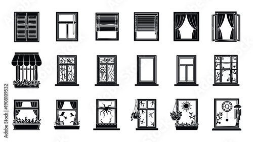 Collection of various window types with shutters, blinds, curtains, and decorations suitable for home interior graphic elements, architectural designs, and dwelling exterior illustrations