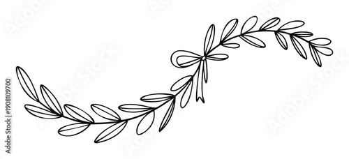 Graceful botanical line drawing of a curved leafy branch adorned with a delicate bow for elegant wedding invitations or celebratory event decorations.