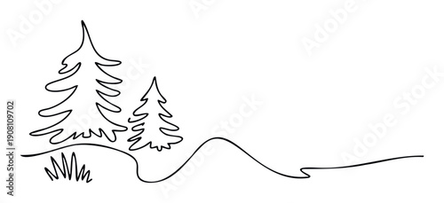 Simple continuous line drawing depicting evergreen trees in a peaceful forest landscape, perfect for minimalist nature themes, educational materials, and graphic templates.