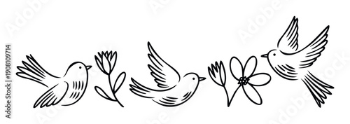 Simple flying and standing birds with delicate flower botanical elements perfect for nature themed spring greeting templates or decorative childrens book graphical presentations