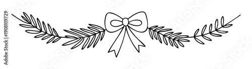 Decorative festive garland featuring a simple hand drawn bow and delicate leafy branches perfect for holiday greetings, party invitations, or elegant event decorations.