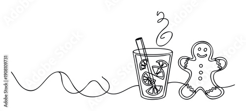 Minimalist continuous line drawing of a festive gingerbread man cookie and a steaming lemon drink perfect for holiday season branding and cozy winter marketing materials