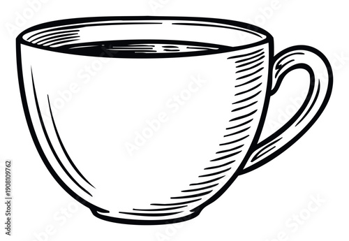 Hand drawn sketch of a classic coffee cup filled with a warm beverage, perfect for cafe menus, kitchen decor, or morning routine visuals and branding