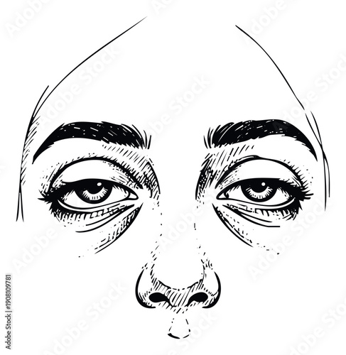 Monochromatic line drawing showcasing a pair of expressive eyes with prominent undereye bags, ideal for conveying feelings of weariness, stress, or a need for rest.