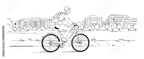 Energetic young man riding a bicycle on a sunny day through a college campus with academic buildings in the background for educational and lifestyle promotions