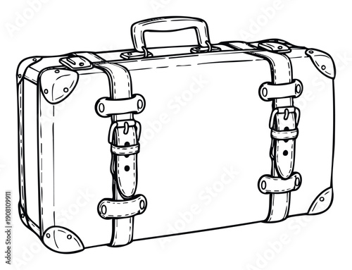 Detailed sketch of an old style baggage case featuring reinforced corners, a sturdy handle, and secure straps, great for illustrating world travels and vacation planning.
