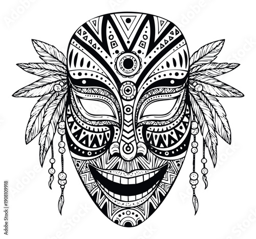 Hand drawn ethnic styled mask featuring stylized eyes, a wide smile, and dangling beads, ideal for creating unique apparel prints, festival posters, or distinct digital assets.